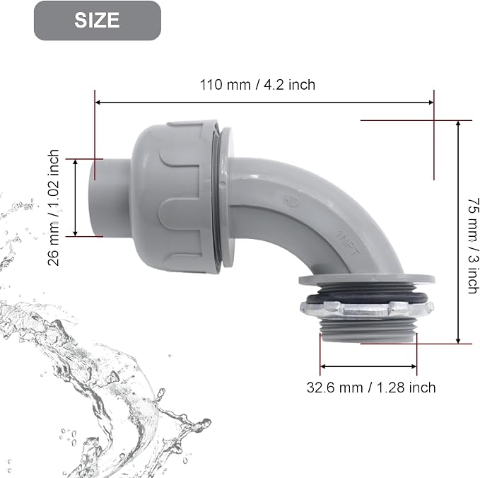 2-Pack 1 Inch NPT Liquid Tight PVC 90 Degree Conduit Connectors | elbow angle - Image 3
