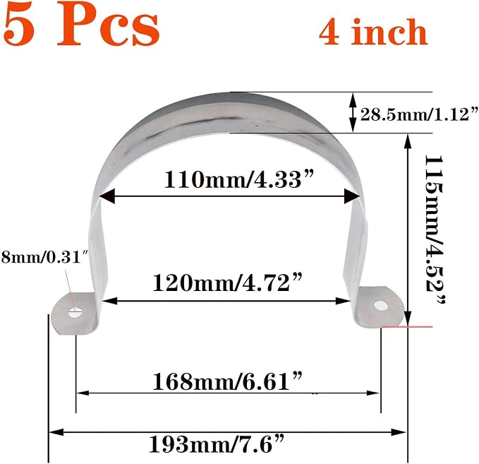 6 Pcs 4inch Rigid Pipe Strap, Two Hole Stainless Steel Strap U Bracket - Image 2