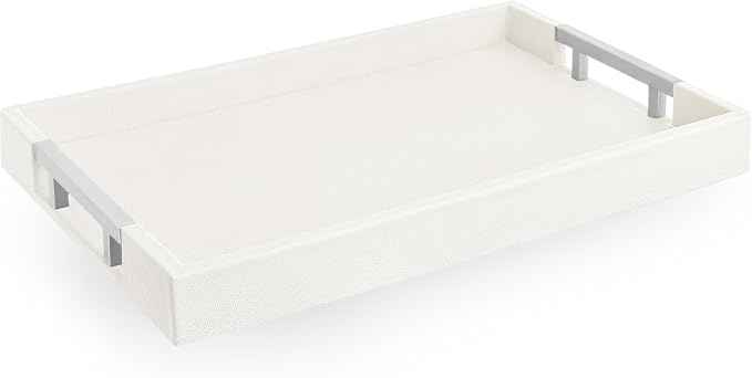 Modern Elegant 17.5"x12" White Rectangle Shagreen Faux Leather Decorative Tray by HomeRedefined