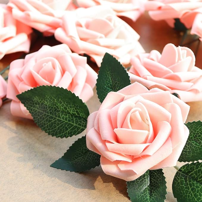 AmyHomie Pink Rose 50pcs Real Looking Artificial Flowers w/Stem | Bouquet - Image 4