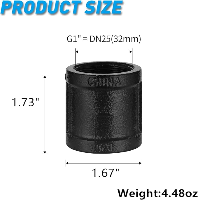 1" Black Pipe Coupling, 20 Pack 1" Black Malleable Iron Cast Pipe Fitting - Image 2