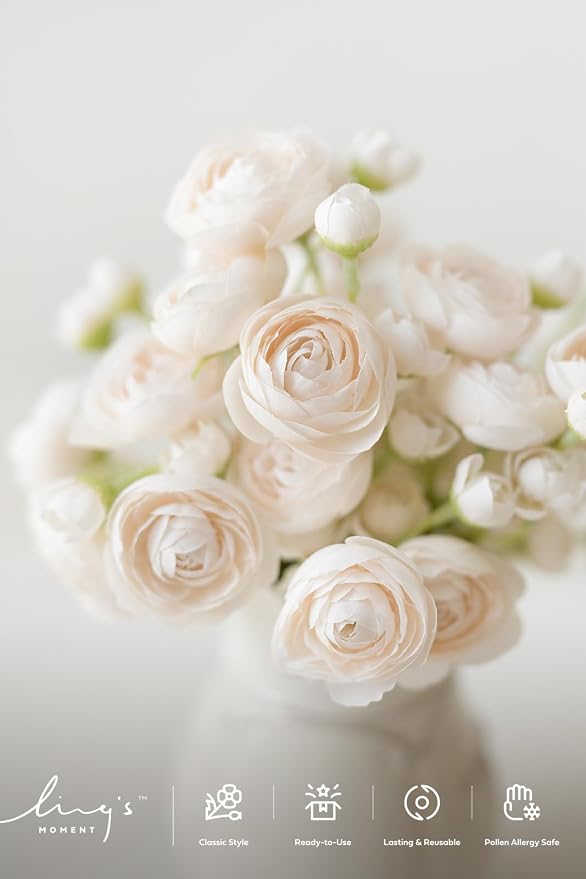 Ling's moment Fake Flowers Artificial Flower Faux Silk Ranunculus Cream | Silk - Image 3