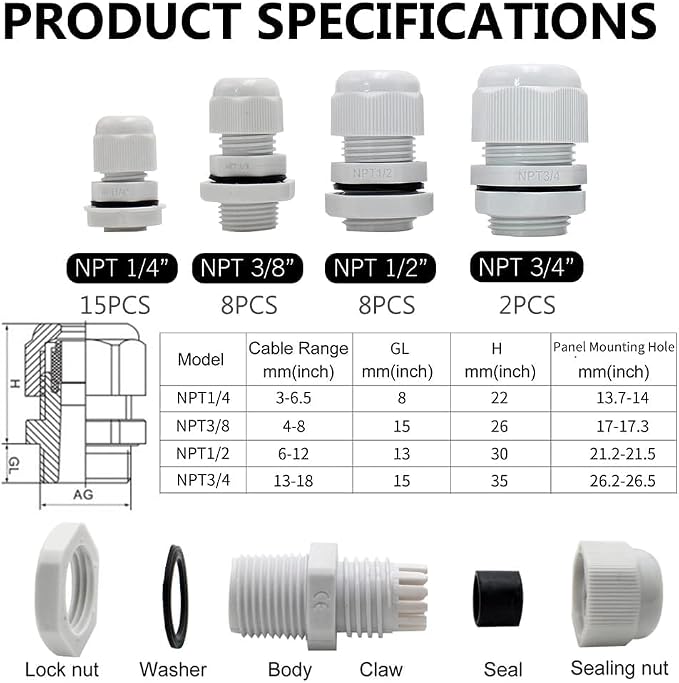 33PCS Cable Gland Waterproof Kit, IP68 Nylon PA66 Strain Relief Cord Grips - Image 2