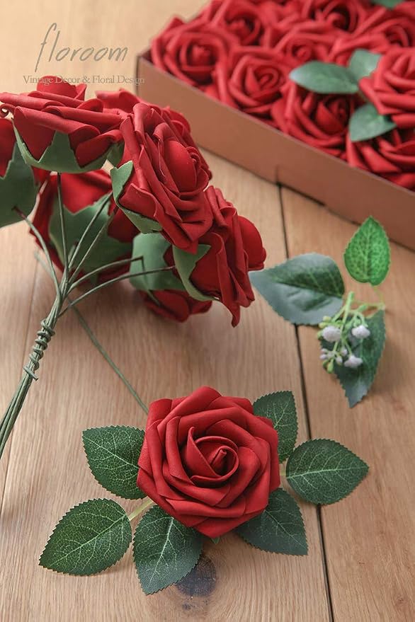 Artificial Flowers 50pcs Real Looking Dark Red Foam Fake Roses - Image 2