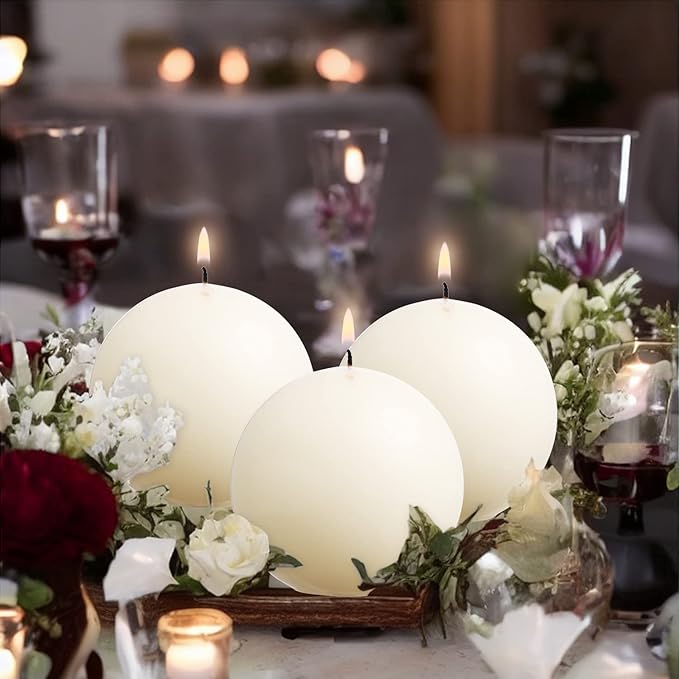 Ball Pillar Candles Set of 3 Ivory 3Inch Unscented Handpoured Weddings - Image 5