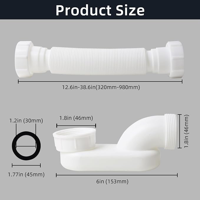Low Profile 1-1/2" P Trap Flexible Bathtub Shower Drain Pipe Kit, Flat - Image 2