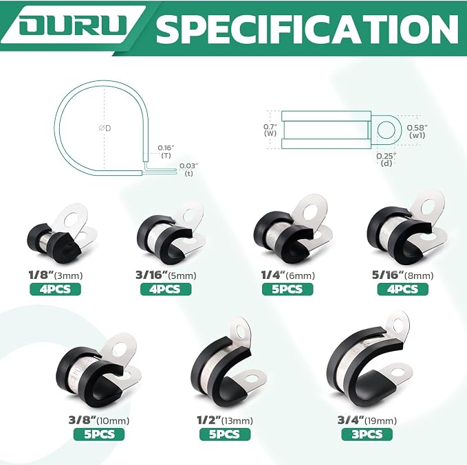 OURU 30PCS Cable Clamps Assortment Kit, Rubber Coated, 1/8"-3/4" 7 Sizes | 304 - Image 2