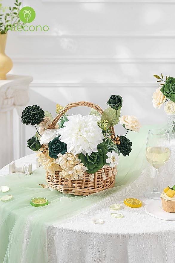 Alecono Green Pink Artificial Flowers, Silk Fake Roses Floral Set | - Image 9