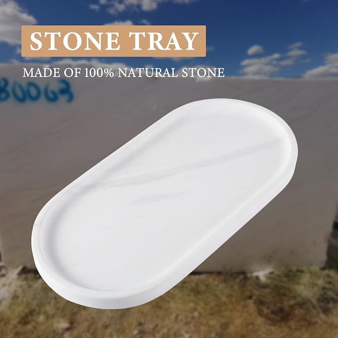 White Marble Oval Tray for Bathroom Countertop, Stone Perfume Organizer Tray - Image 3