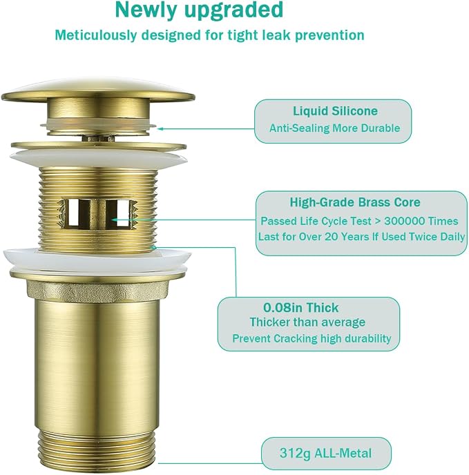 Brass Round Bottle P-Trap with Pop Up Drain Stopper with Overflow, 1 1/4 - Image 3