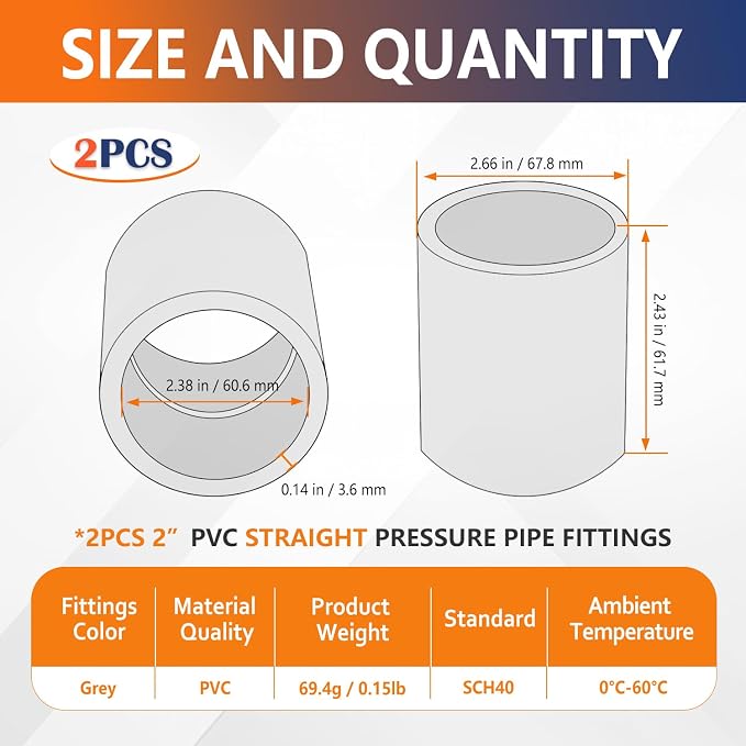 2PCS 2 Inch Gray Pvc Fittings Slip Socket Pipe Coupling used - Image 2