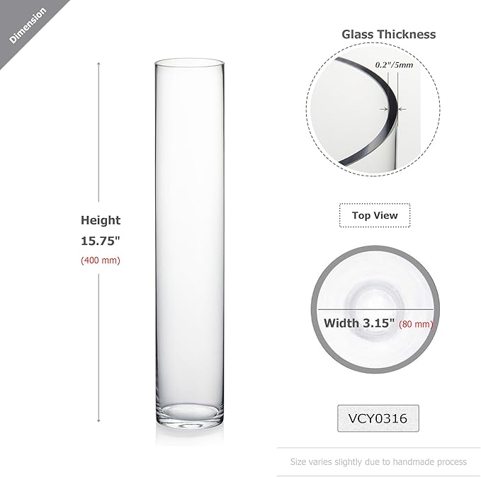 WGVI Quality Thick Weighted Tall Clear Cylinder Glass Vase, Flower Arrangement - Image 2