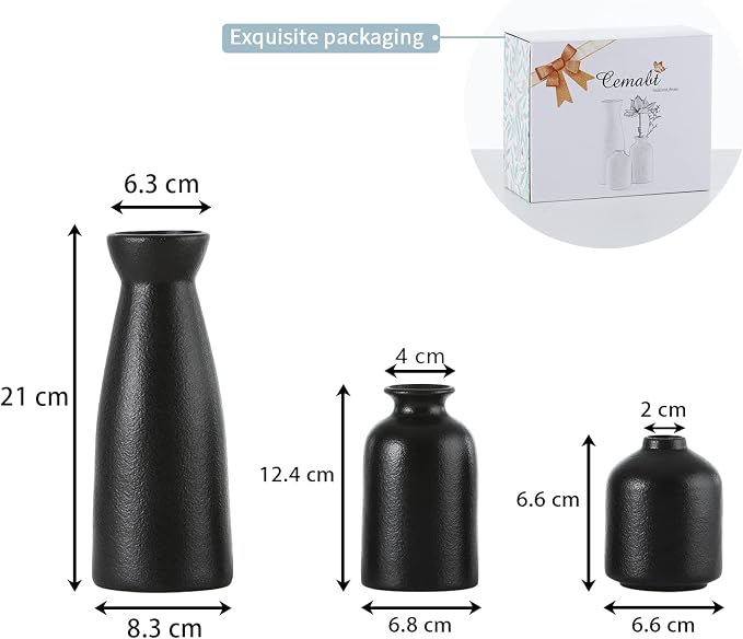 CEMABT Black Ceramic vase Set-3 Small Flower vases - Image 3