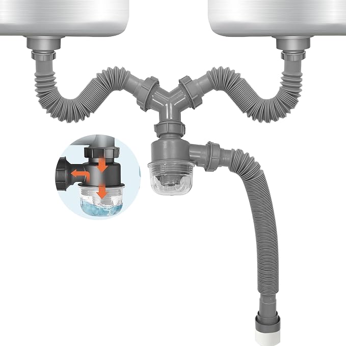 Double Sink Drain Kit Expandable Flexible 1 1/2 Inch P-Trap by QruiLanTu