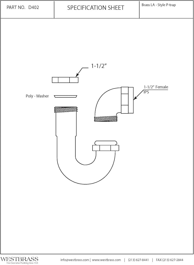 Westbrass A402LA-RAW 1-1/2" Brass LA Code P-Trap, Unfinished - Image 2