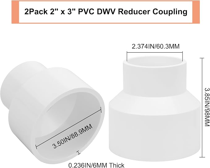 2Pack 3" x 2" PVC DWV Reducer Coupling Adapter Schedule 40 PVC DWV Slip - Image 2