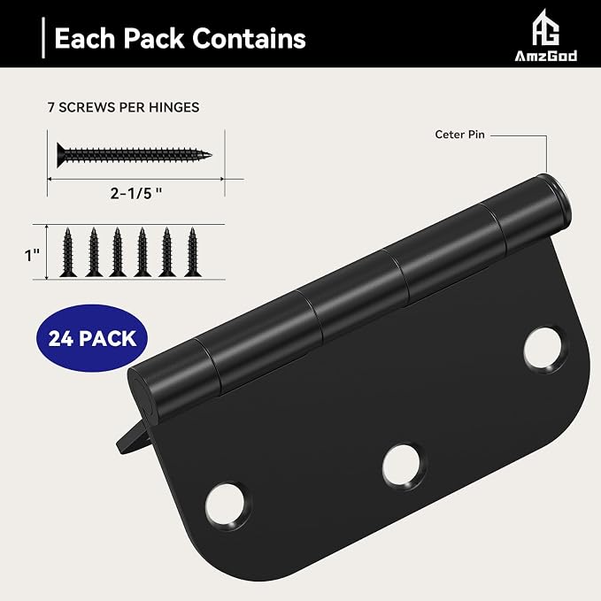 Door Hinges Matte Black 3.5 Inch Rounded 5/8" Radius 24 Pack | Black Interior - Image 3