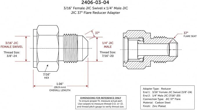 2406-03-04 3/8" Female JIC x 7/16" Male JIC Reducer - Image 5