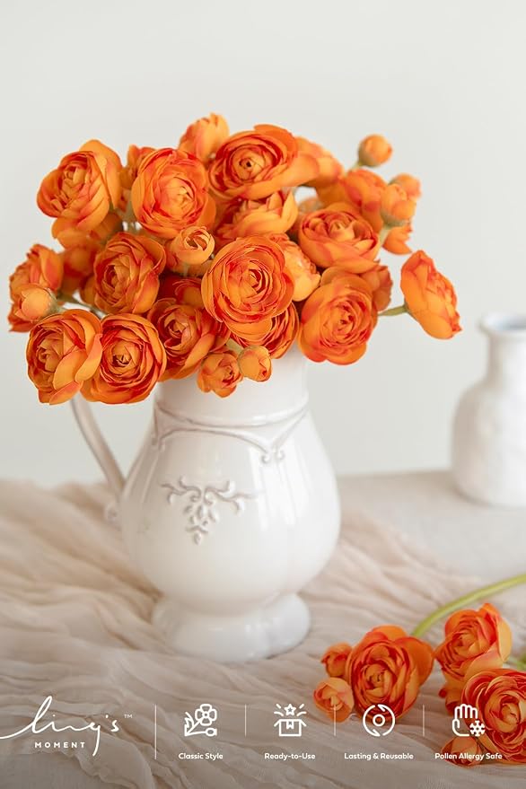 Ling's moment Fake Flowers Artificial Flower Faux Silk Ranunculus Orange | Silk - Image 2