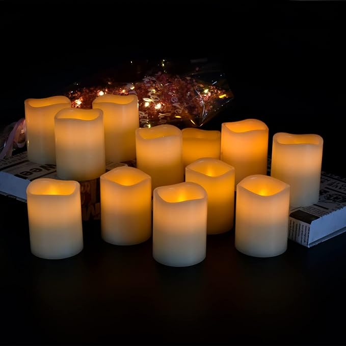 Flameless Candles Battery Operated Candles Set of 12 Ivory Real Wax Pillars - Image 2