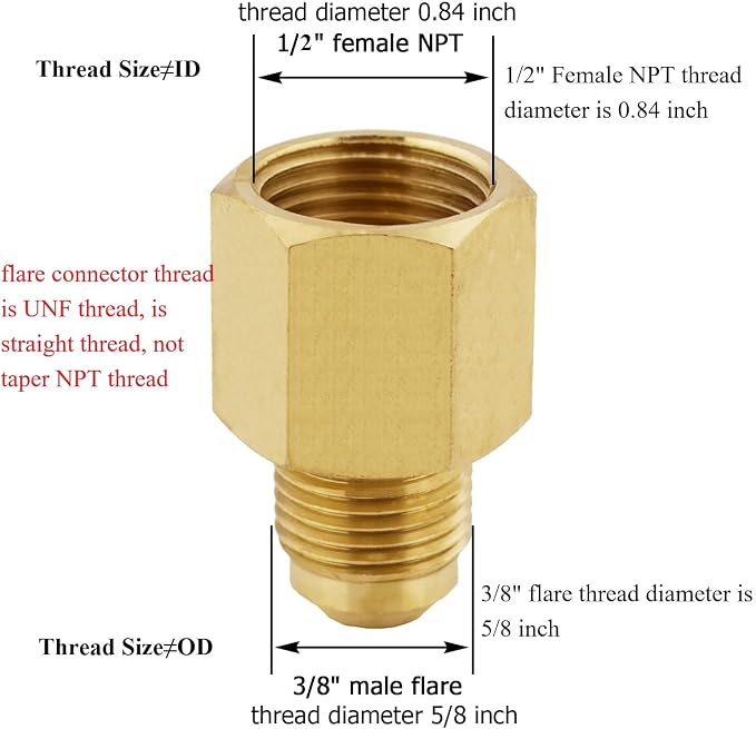 Brass Flare Tube Fitting Adapter 3/8" Male Flare x 1/2" NPT Female Reducer - Image 2