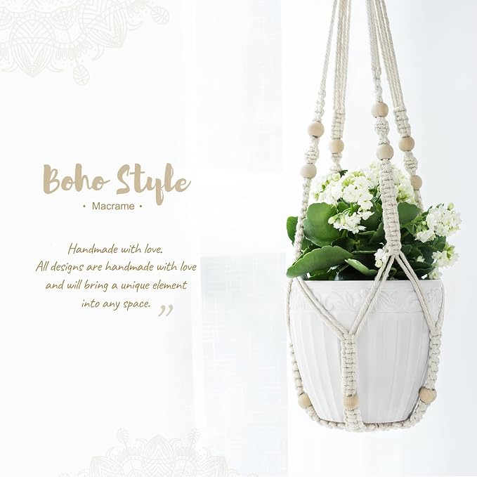 Mkono Macrame Plant Hanger Indoor 35 Inch Hanging Planter Basket Ivory 1Pc | - Image 3