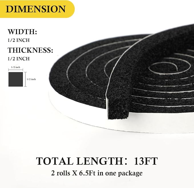 fowong Foam Weather Stripping Tape, 1/2" x 1/2" Window Seal, 6.5Ft X 2Rolls | - Image 2