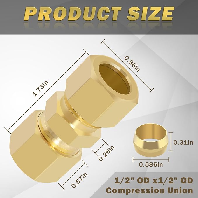 1/2 Inch Compression Fitting, 1/2" OD X 1/2" OD Compression Union Connectors & - Image 2