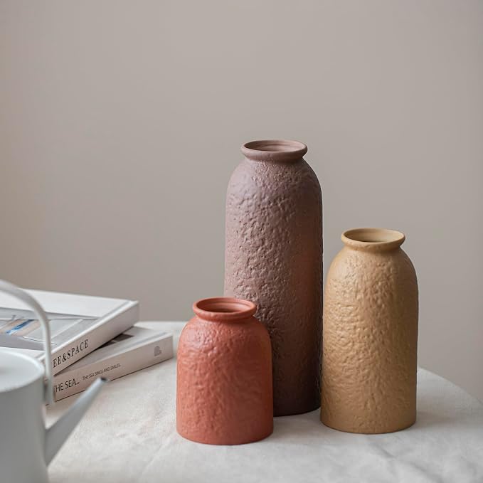 Large Decorative Ceramic Vase Set, 3 Pieces, Matte Taupe Orange Coral Beige - Image 4