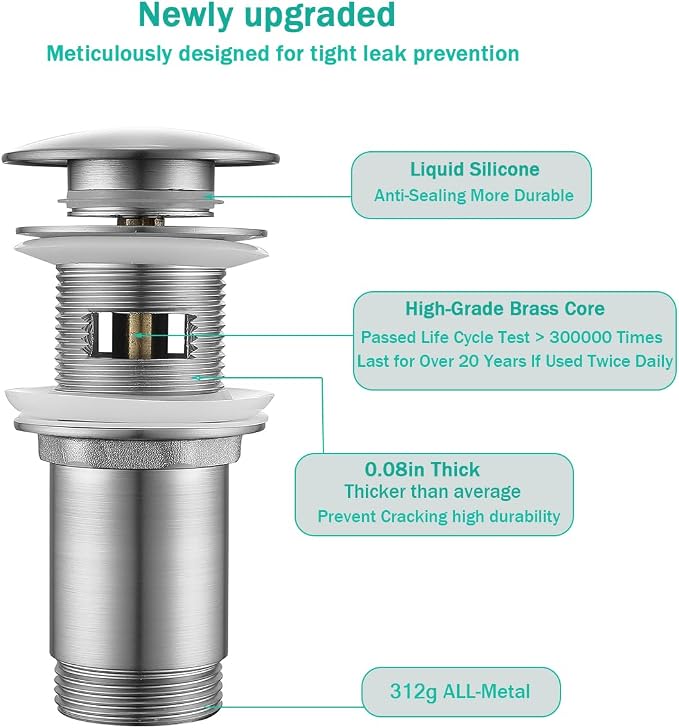 Brass Round Bottle P-Trap with Pop Up Drain Stopper with Overflow, 1 1/4 - Image 5