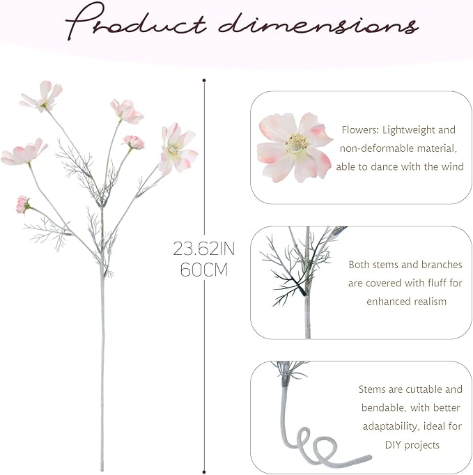 4 Pcs Pink White 24" Tall Artificial Cosmos Flowers - Image 2