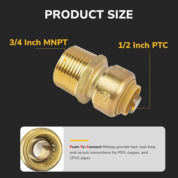 1/2" PTC to 3/4" NPT Male Reducing Adapter Push-Fit, Push to Connect Brass - Image 2