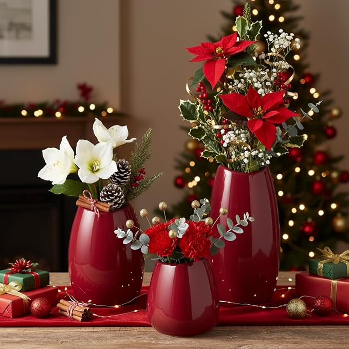 hjn Ceramic Vase Set of 3 Red Flower Vase - Image 7
