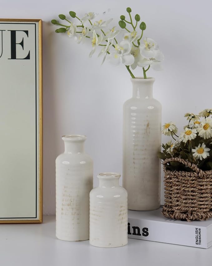 White Ribbed Ceramic Vase Set of 3, Clay Bottle Vases - Image 5