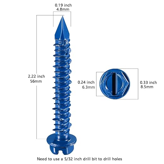 Wensilon 3/16" * 2-1/4" Slotted Hex Concrete Screws Anchor Blue Hexagon Head - Image 2