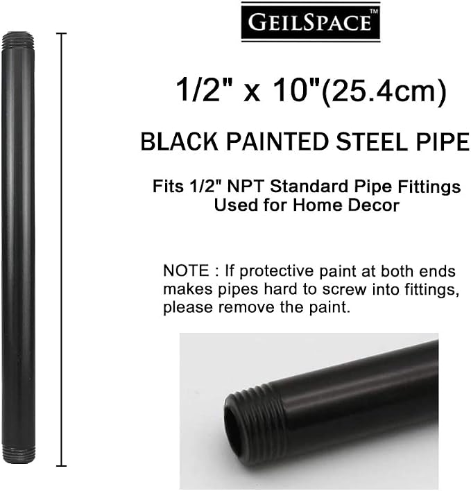 6 Pack 1/2" × 10" Pre-Cut Black Metal Pipe, Industrial Steel Fits Standard Half - Image 2
