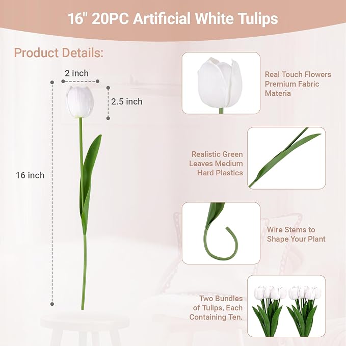 20 Pcs Fake Tulips Flowers 16" Tall, Realistic Touch Leaves, Bottle Tulip - Image 2