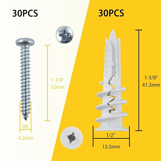 JEGONFRI 60PCS Self-Drilling Drywall Anchors and Screws Kit, Holds 75Lbs | No - Image 3