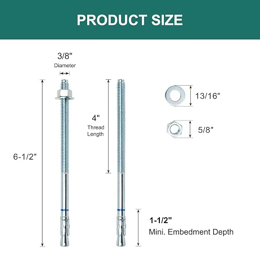 3/8" x 6-1/2" Concrete Anchors 3/8 inch Wedge Anchors Bolts Zinc Plated - Image 2