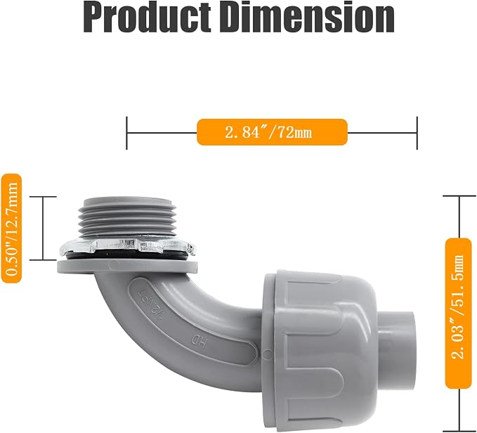 2Pcs 1/2" NPT Liquid-Tight Connector, 90-Degree | Electrical Conduit Connector - Image 2
