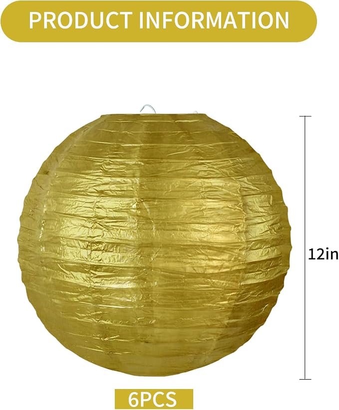 BEISHIDA 12 Inch Gold Paper Lanterns 6 Packs Hanging Round Chinese Lantern | - Image 2