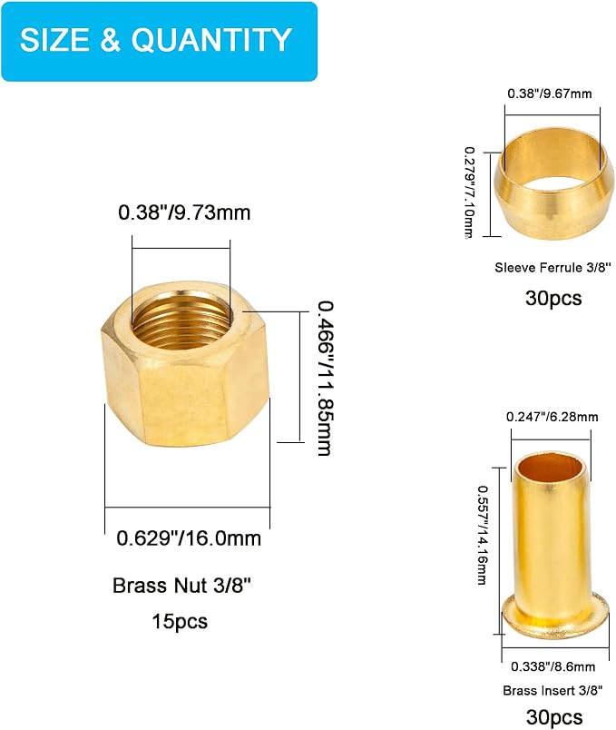 75pcs 3/8 Assortment Kit Brass Compression Sleeves Ferrules & Insert &Nuts - Image 3