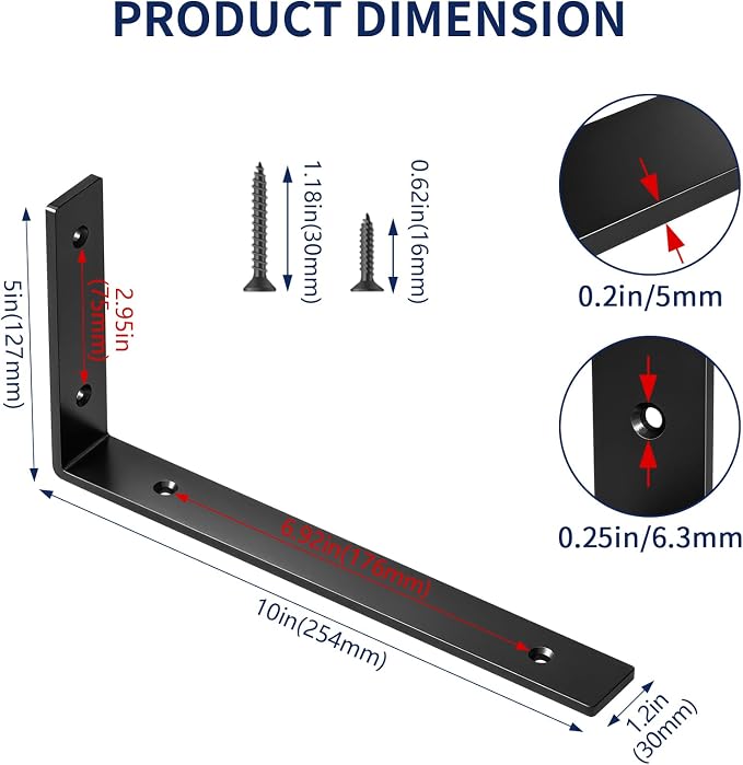 LSK 6PCS Shelf Bracket, L 10"×H 5", 5mm Thick Heavy Duty L Bracket, Max Load: - Image 3