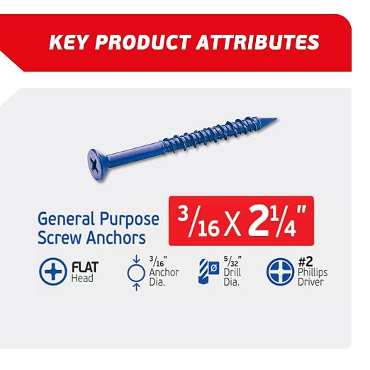 3/16 x 2-1/4" Countersunk Phillips Flat Head Blue Concrete Screw Anchors - Image 2