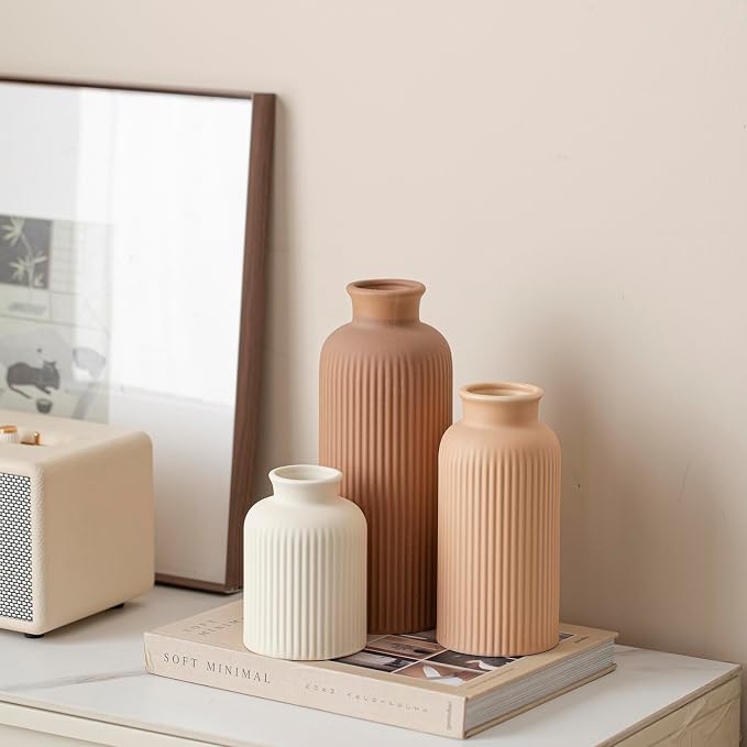 Large Modern Ceramic Vase Set, Coffee Ribbed Matte Design, 3-Piece Decorative - Image 8
