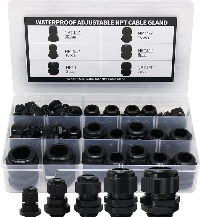 NPT Cable Glands 1/4” 3/8” 1/2” 3/4” 1”- 52 Pack Black Plastic Waterproof IP68 - Image 9