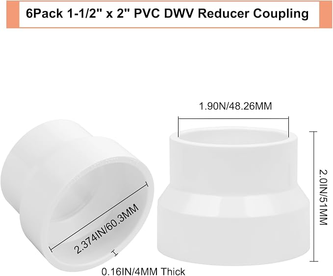 6Pack 2" x 1-1/2" PVC DWV Reducer Coupling Adapter Schedule 40 PVC DWV Slip - Image 2