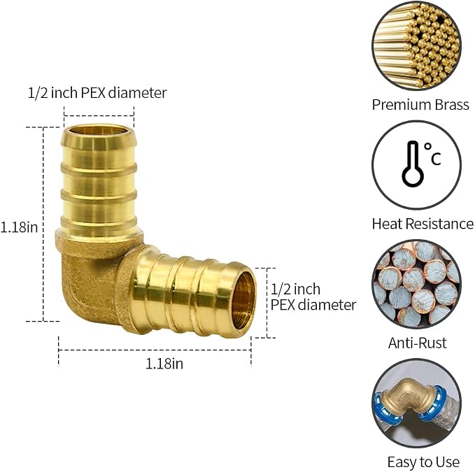 50 Pack 1/2" PEX Fittings, Brass Elbow Fittings | - Image 2
