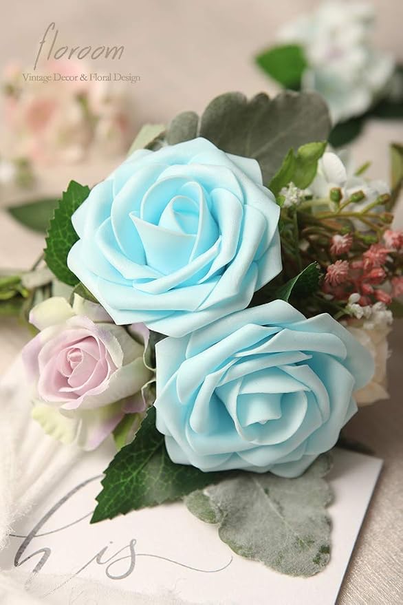 Artificial Flowers 50pcs Real Looking Aqua Blue Foam Fake Roses - Image 2