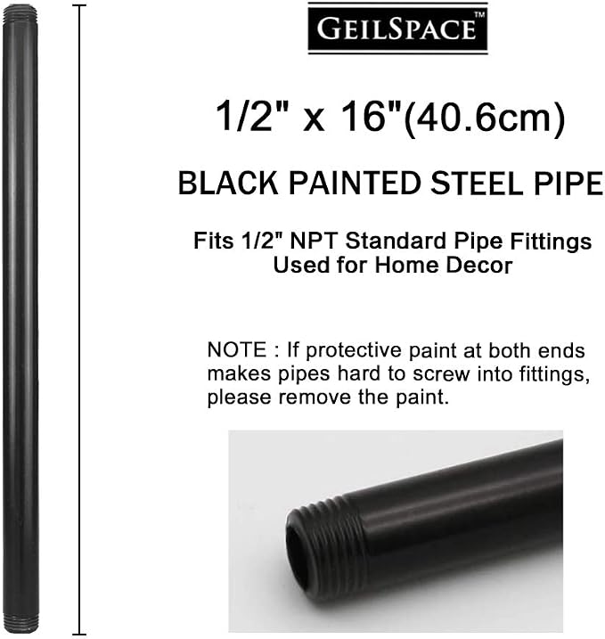 6 Pack 1/2" × 16" Pre-Cut Black Metal Pipe, Industrial Steel Fits Standard Half - Image 2